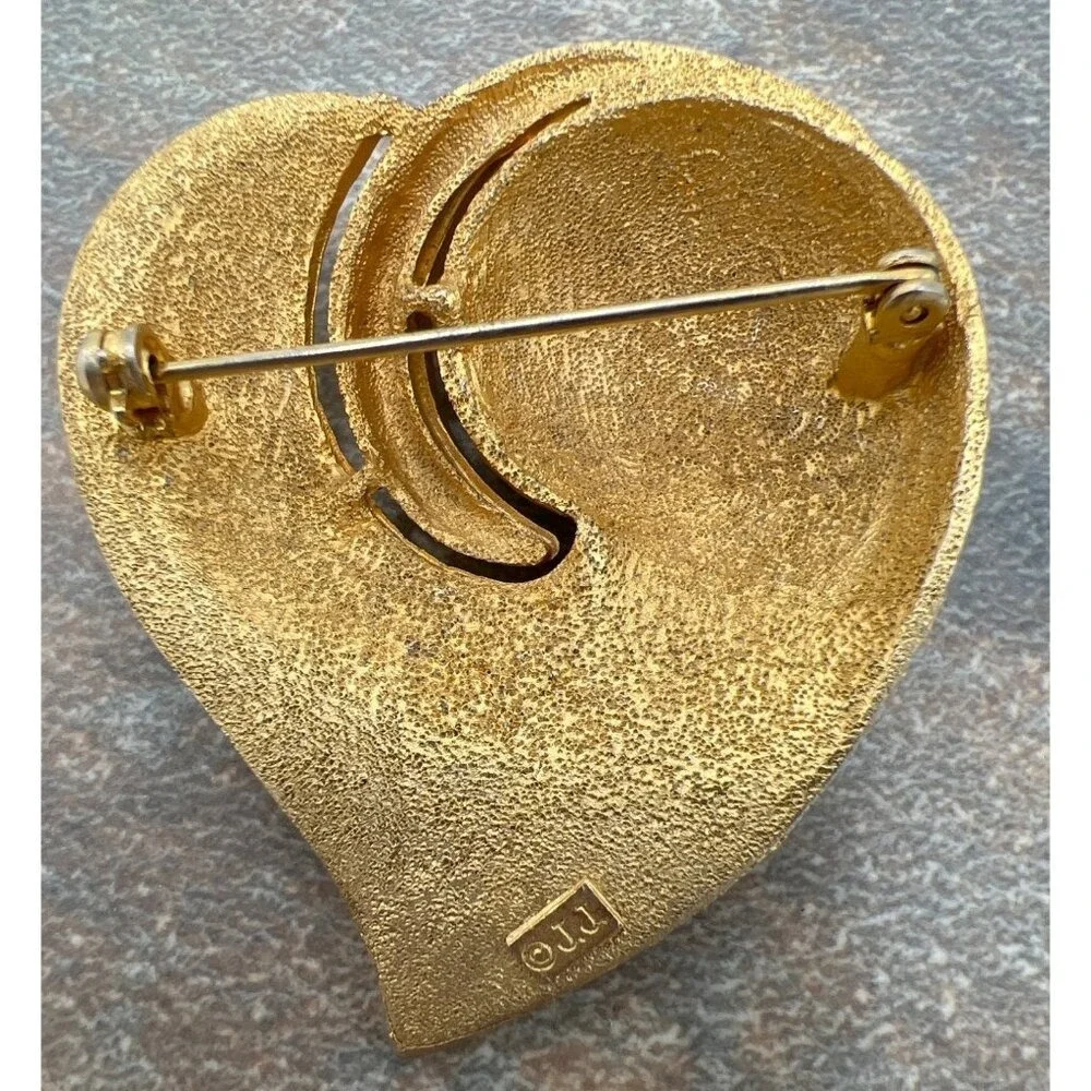 Puffy Heart Brooch Large Brocade Textured Abstract Vintage Gold Tone JJ Jonette‎